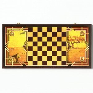 Нарды "Лев", деревянная доска 50 х 50, с полем для игры в шашки, полиграфия