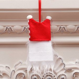 Новогодняя подвеска "Гномик Длинная борода" в красно-белом колпаке с 2 бубонами, текстиль, в ассортименте