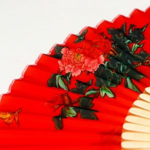 СИМА-ЛЕНД Веер бамбук, текстиль h=23 см &quot;Веточка с розами&quot; красный, с кисточкой