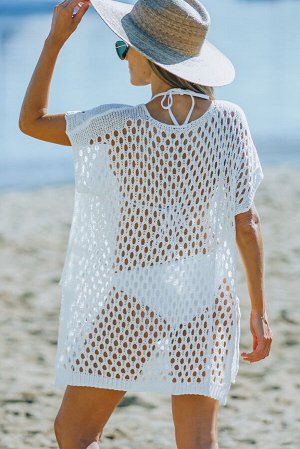 Белое вязаное пляжное платье топ с длинными рукавами и перфорацией