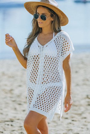 Белое вязаное пляжное платье топ с длинными рукавами и перфорацией