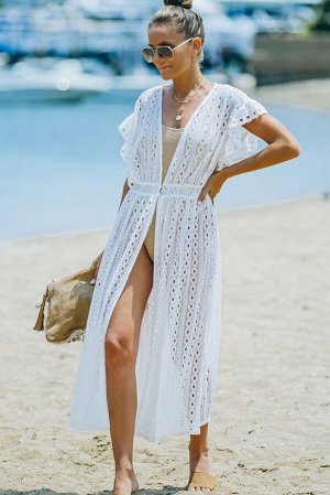 Белая пляжная накидка с кружевным узором и оборками на плечах