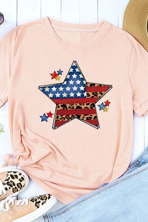 Pink American Flag Leopard Star Print Short Sleeve T Shirt