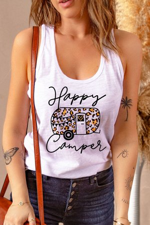 Белая майка с леопардовым принтом трейлер и надписью: Happy Camper