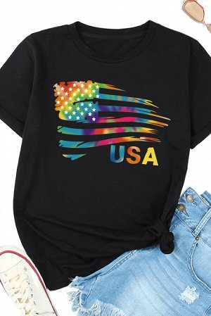 Черная футболка с разноцветны красочным принтом американского флага и надписью: USA