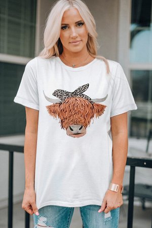 White Cute Cattle Leopard O-Neck T-Shirt