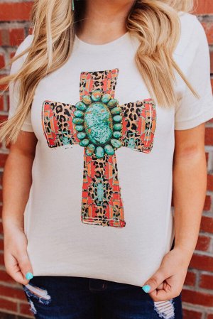 White Western Turquoise Cross Pattern Printed Short Sleeve Top