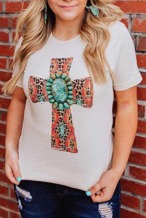 White Western Turquoise Cross Pattern Printed Short Sleeve Top