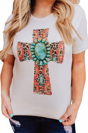 White Western Turquoise Cross Pattern Printed Short Sleeve Top