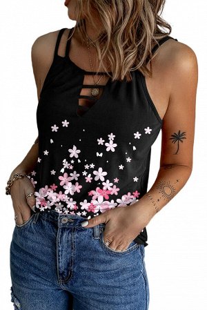 Black Floral Print Cut Out Spaghetti Strap Tank Top