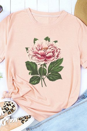 Розовая футболка с зеленым цветочным принтом