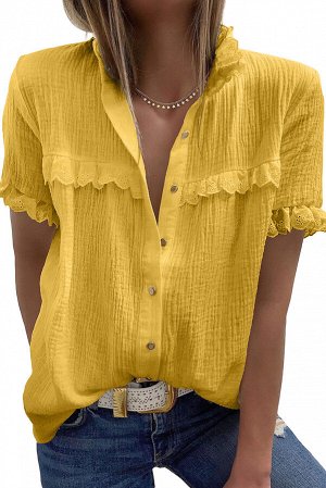Желтая рубашка с короткими рукавами с эффектом "крэш" и кружевными вставками