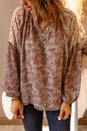 Коричневая свободная блуза с цветочным принтом и узором пейсли