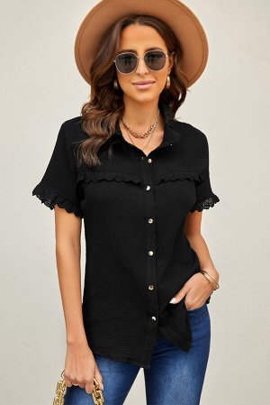 Черная рубашка с короткими рукавами с эффектом "крэш" и кружевными вставками