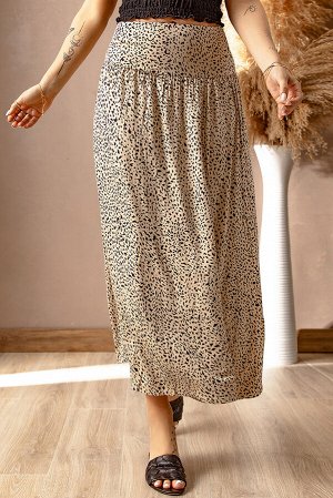 Khaki Pattern Print Side Slit High Waist Maxi Skirt