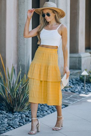 Yellow Textured Pleated Layered Midi Skirt