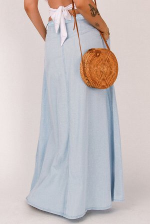 Sky Blue Casual Buttons Chambray Long Skirt
