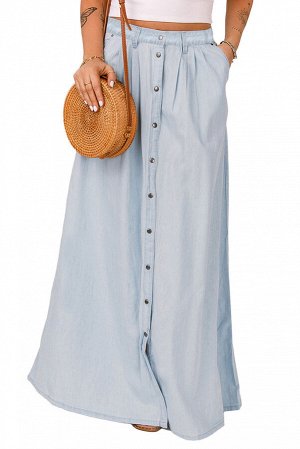 Sky Blue Casual Buttons Chambray Long Skirt