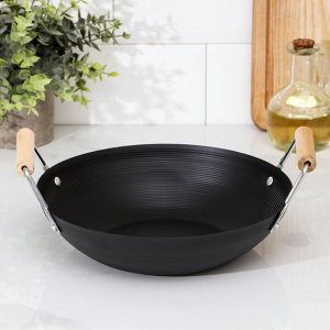 Сковорода-WOK Доляна «Жаклин», d=24.5 см, деревянные ручки, углеродистая сталь, чёрная