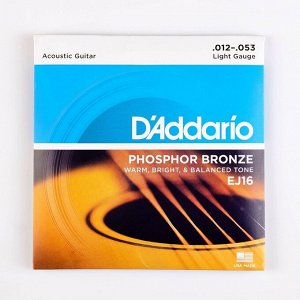 Струны для акустической гитары Light 12-53 D`Addario EJ16 PHOSPHOR BRONZE, фосфорная бронза