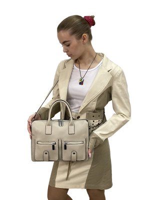 Кожаная женская сумка-портфель, цвет светло бежевый