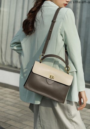Кожаная женская сумка-портфель, цвет шоколад с бежевым
