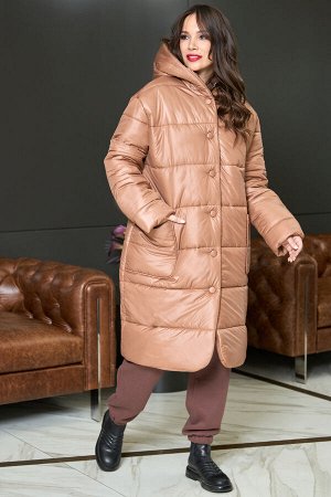 Almond Пальто зимнее с капюшоном женское на синтепоне коричневого цвета