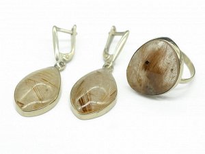 Кольцо и серьги из агата волосатика, размер-18,5