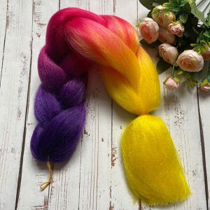 Канекалон коса 60см С39, омбре 3 цвета: фиолетовый, ярко-розовый, желтый