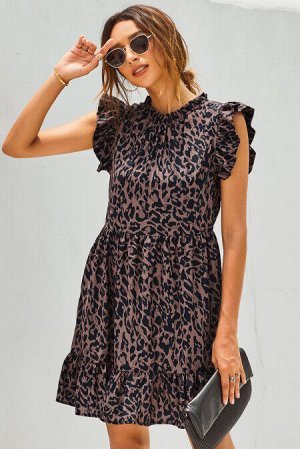 Леопардовое платье А-силуэта с рукавами-крылышками и воланом снизу