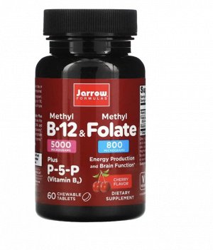 Jarrow Formulas, метил B12 и метилфолат, со вкусом вишни, 5000 мкг/800 мкг, 60 жевательных таблеток