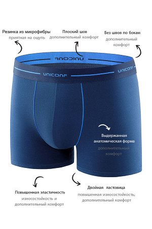 Классические однотонные боксеры UNICONF из премиального гипоаллергенного хлопка с добавлением эластана. Брендированная пришивная резинка из микрофибры в цвет изделия обеспечивает терморегуляцию и комф