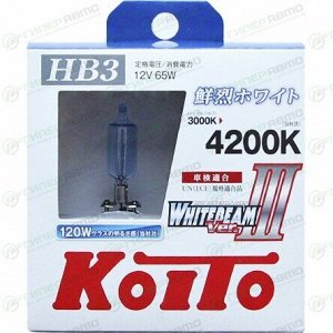 Лампа галогенная Koito White Beam HB3 (9005) (P20d, T12), 12В, 65Вт (соответствует 120Вт), 4200К, комплект 2 шт