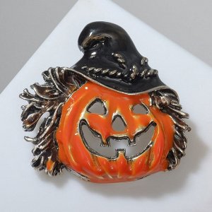 Брошь "Хэллоуин" тыква в шляпе с соломой, цвет чёрно-оранжевый в серебре