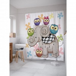 Фотоштора для ванной «Слоненок и совы», размер 180 х 200 см, разноцветный