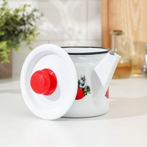 Чайник заварочный с пластиковой кнопкой «Клубника садовая», 1 л, фиксированная ручка, цвет белый