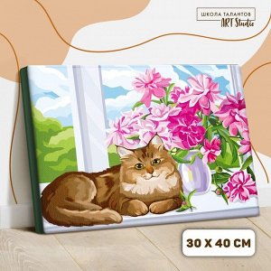 Картина по номерам на холсте с подрамником «Кот на окне» 30x40 см