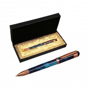 Ручка подарочная шариковая в кожзам футляре поворотная Вензура корпус мрамор синий с золотым