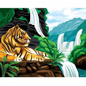 Алмазная мозаика с частичным заполнением «Тигр у водопада» 40х50 см, холст, ёмкость