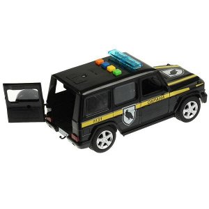 GCLASS-21PLSEC-BK Машина пластик свет-звук MERCEDES-BENZ G-CLASS охрана 22 см, двер, баг, кор. Технопарк в кор.2*18шт