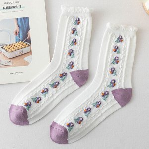 Женские носки, вышивка "Цветочки", цвет белый/сиреневый