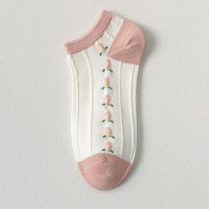 Женские короткие носки, принт "Цветочки", цвет белый/розовый