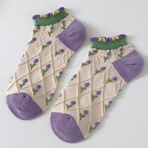 Женские короткие носки, принт "Цветочки", цвет кремовый/сиреневый