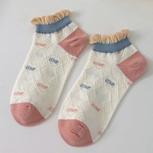 Женские короткие носки, принт "Love", цвет кремовый/розовый
