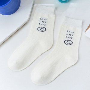 Женские носки, принт "Смайл", надпись "Love", цвет белый