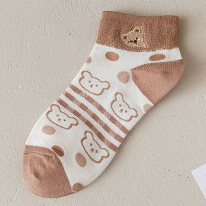 Женские короткие носки, принт "Медведи", цвет белый/кофейный