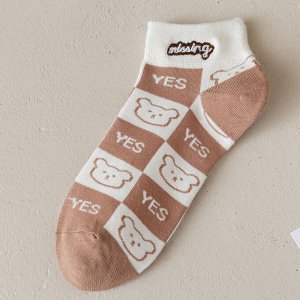 Женские короткие носки, принт "Медведи", цвет белый/кофейный