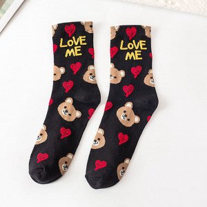 Женские носки, принт "Медведи и сердца", надпись "Love me", цвет черный