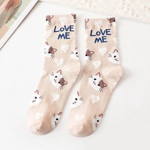 Женские носки, принт "Котики и сердца", надпись "Love me", цвет бежевый