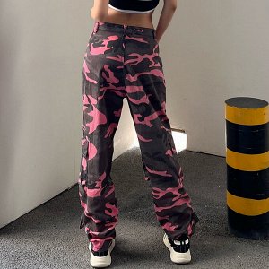 Женские брюки, принт "камуфляж", цвет розовый